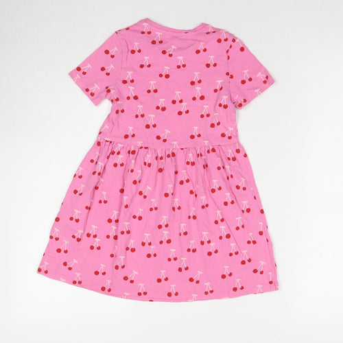 Marks and Spencer Girls Pink Geometric Cotton T-Shirt Dress Size 6-7 Years Round Neck Pullover - Cherries