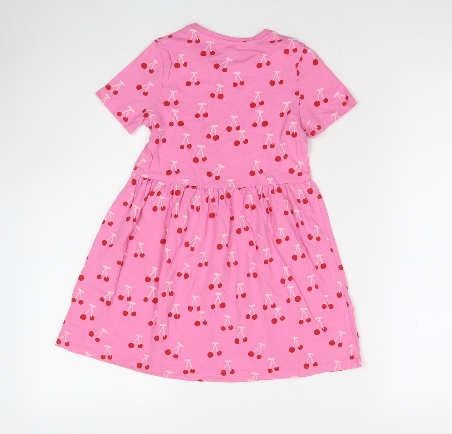 Marks and Spencer Girls Pink Geometric Cotton T-Shirt Dress Size 6-7 Years Round Neck Pullover - Cherries