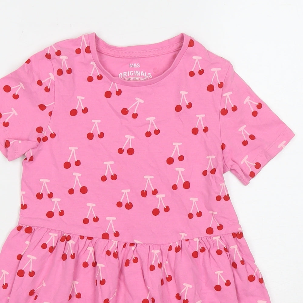 Marks and Spencer Girls Pink Geometric Cotton T-Shirt Dress Size 6-7 Years Round Neck Pullover - Cherries