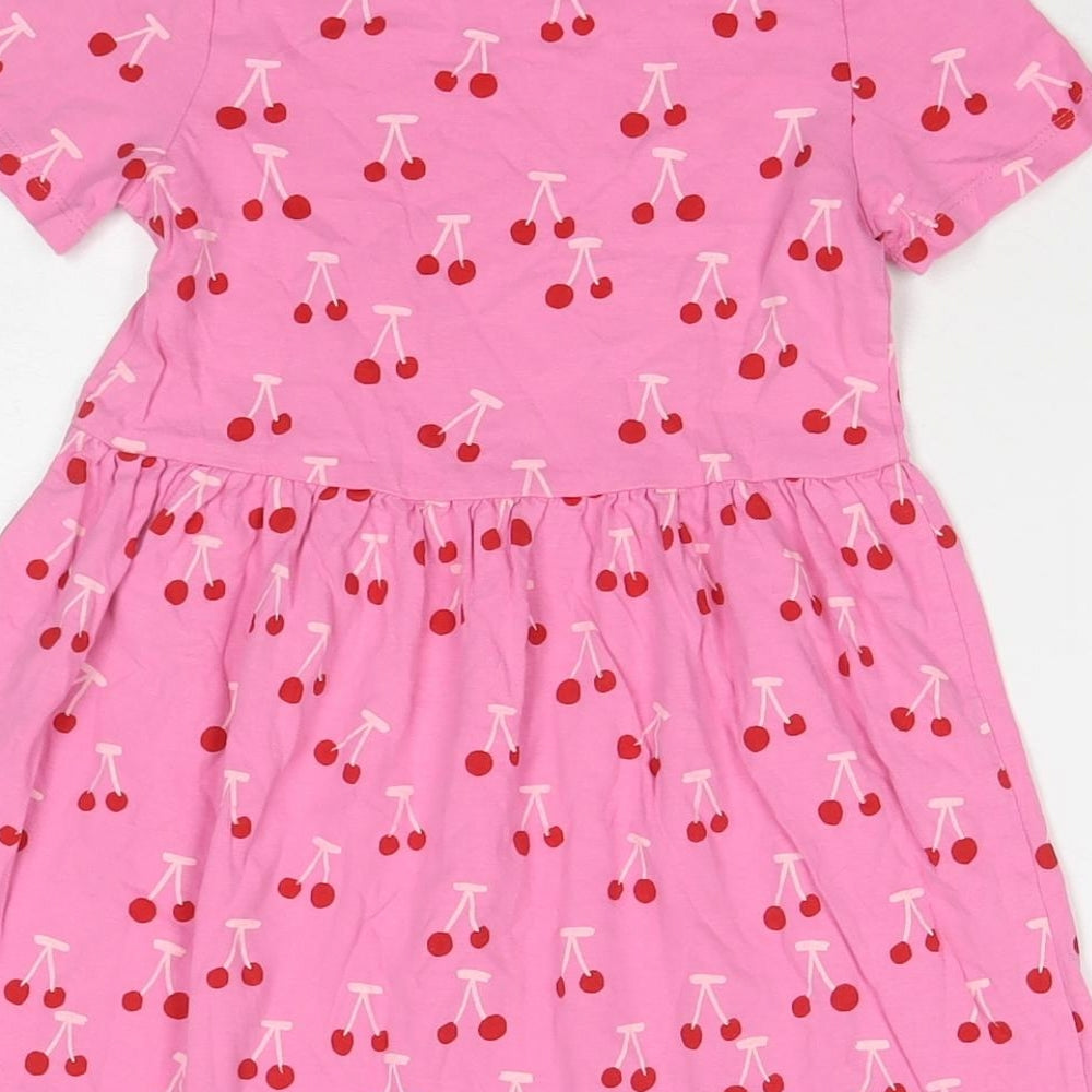Marks and Spencer Girls Pink Geometric Cotton T-Shirt Dress Size 6-7 Years Round Neck Pullover - Cherries