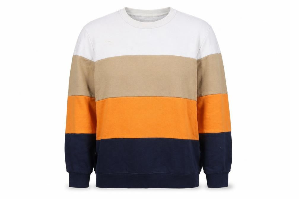 Front view of Pull&Bear women’s multicoloured colourblock cotton pullover sweatshirt, size L, pullover