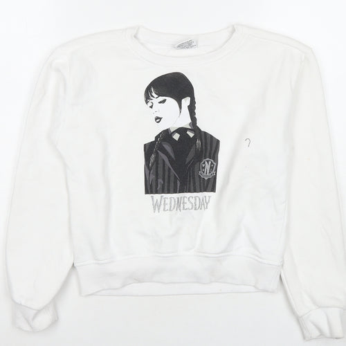 Wednesday Girls White Cotton Pullover Sweatshirt Size 10-11 Years Pullover - Wednesday Addams Family
