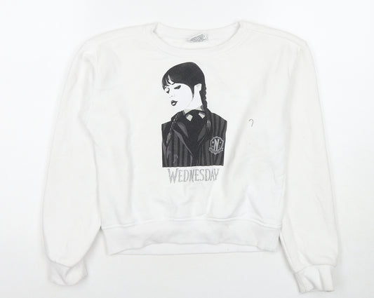 Wednesday Girls White Cotton Pullover Sweatshirt Size 10-11 Years Pullover - Wednesday Addams Family