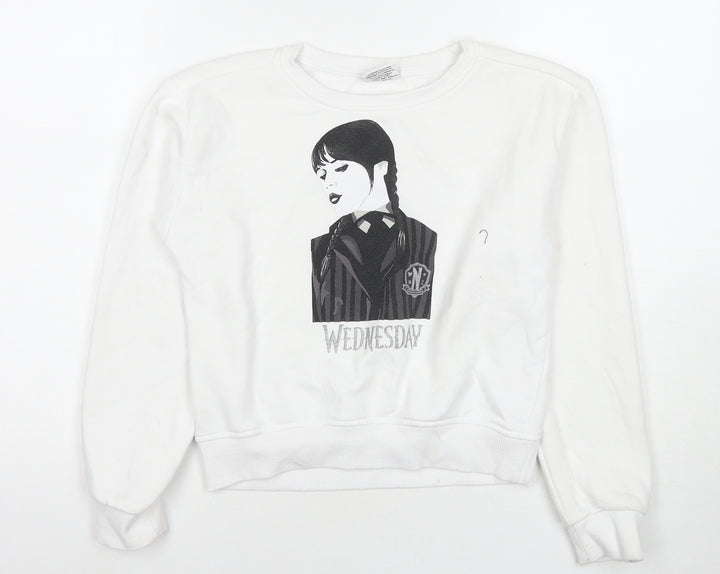 Wednesday Girls White Cotton Pullover Sweatshirt Size 10-11 Years Pullover - Wednesday Addams Family