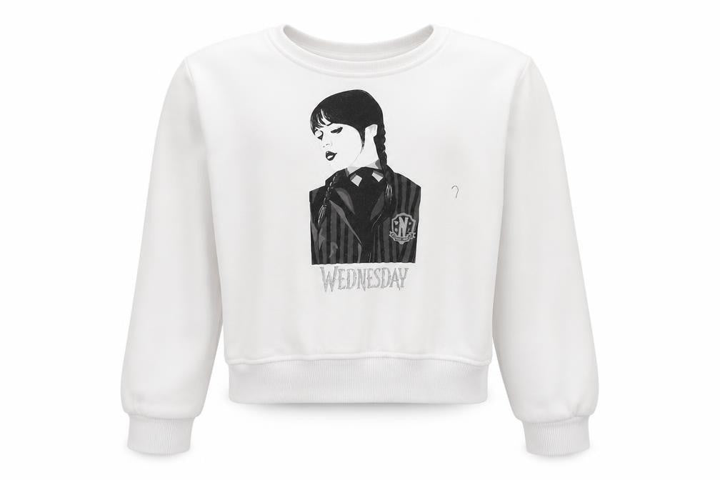Wednesday Girls White Cotton Pullover Sweatshirt Size 10-11 Years Pullover - Wednesday Addams Family