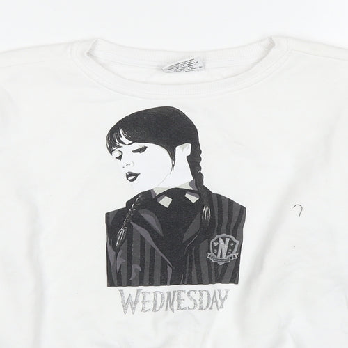 Wednesday Girls White Cotton Pullover Sweatshirt Size 10-11 Years Pullover - Wednesday Addams Family
