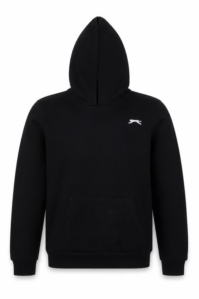 Front view of Slazenger boys’ black polyester pullover hoodie, size 12, years pullover