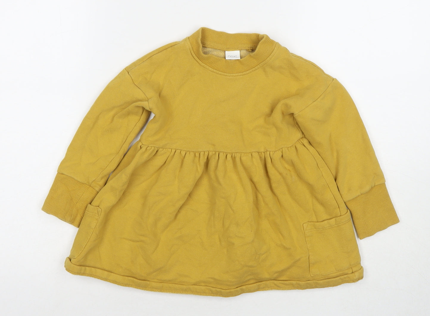 NEXT Girls Yellow Cotton Jumper Dress Size 2-3 Years Round Neck Pullover