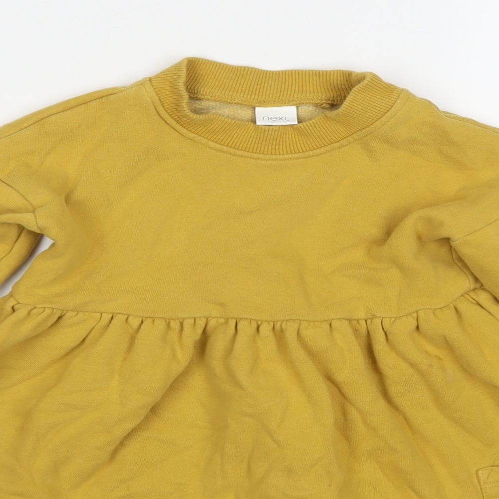 NEXT Girls Yellow Cotton Jumper Dress Size 2-3 Years Round Neck Pullover