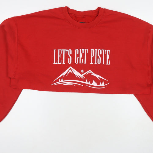 PRETTYLITTLETHING Womens Red Cotton Pullover Hoodie Size L Pullover - Cropped Let's Get Piste Mountains