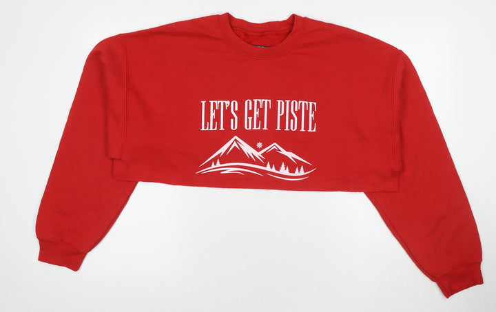 PRETTYLITTLETHING Womens Red Cotton Pullover Hoodie Size L Pullover - Cropped Let's Get Piste Mountains