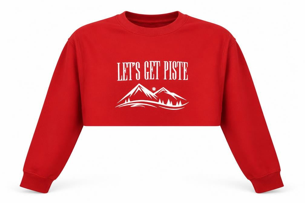 Front view of PRETTYLITTLETHING women’s red cotton pullover hoodie, size L, pullover - cropped let's get piste mountains
