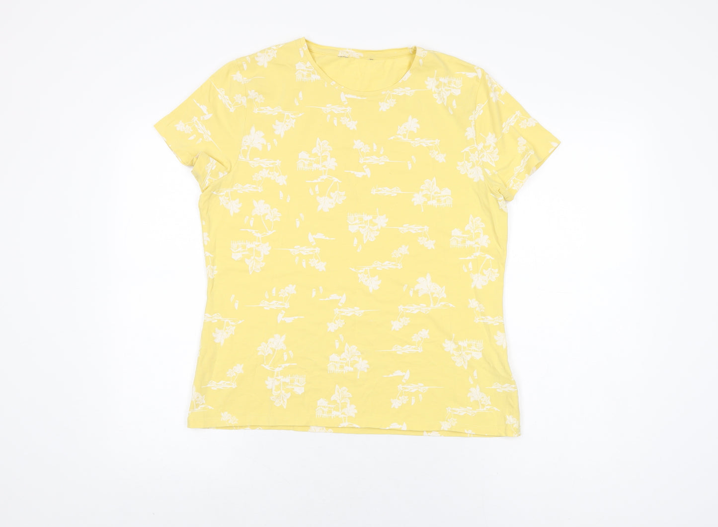 Marks and Spencer Womens Yellow Geometric Cotton Basic T-Shirt Size 16 Round Neck