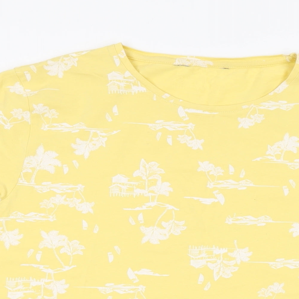Marks and Spencer Womens Yellow Geometric Cotton Basic T-Shirt Size 16 Round Neck
