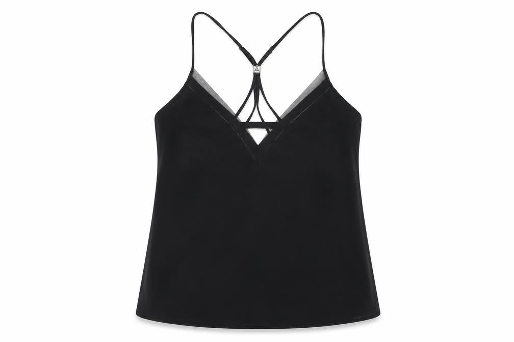 Front view of Autograph women’s black solid polyester cami pyjama top, size UK 16