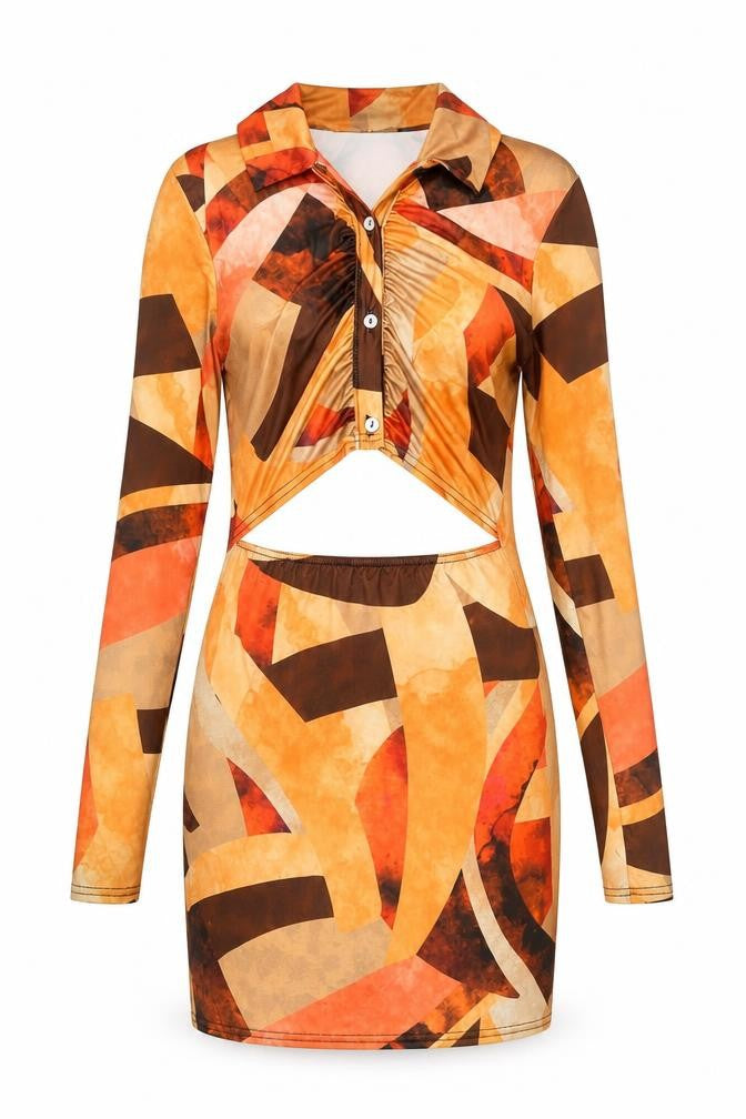 Front view of PRETTYLITTLETHING women’s orange geometric polyester mini, size UK 10, collared button
