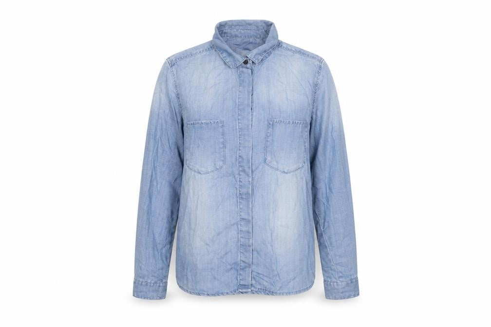 Front view of H&M women’s blue lyocell basic button-up, size UK 6, collared
