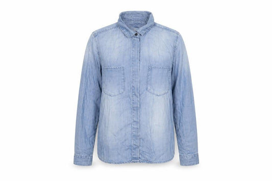 Front view of H&M women’s blue lyocell basic button-up, size UK 6, collared