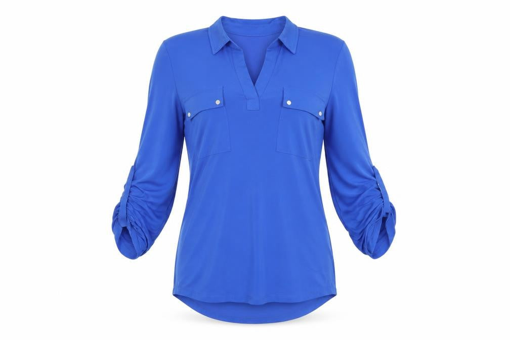 Front view of Jones New York women’s blue polyester basic t-shirt, size S, collared