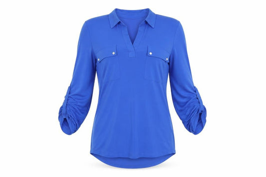 Front view of Jones New York women’s blue polyester basic t-shirt, size S, collared