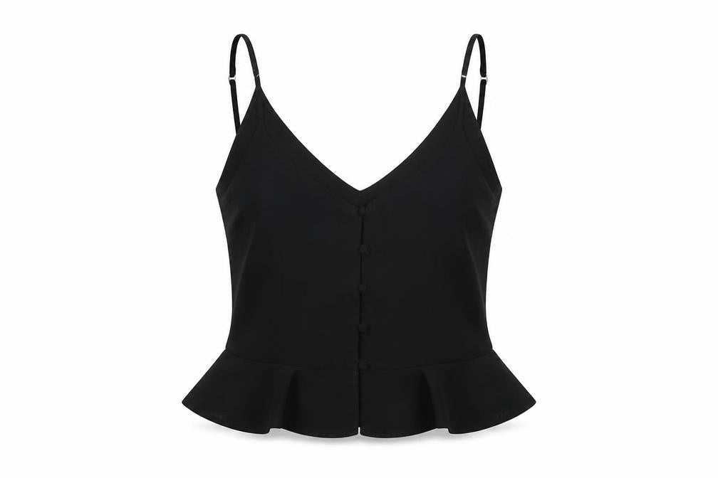 Front view of River Island women’s black polyester basic t-shirt, size UK 8, v-neck
