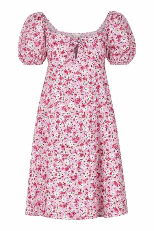 Front view of Miss Selfridge women’s pink floral polyester a-line, size UK 16, sweetheart pullover