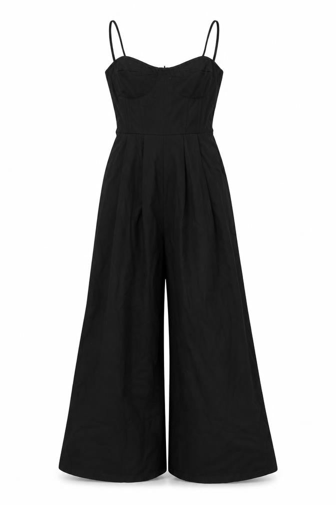 Front view of PRETTYLITTLETHING women’s black polyester jumpsuit one-piece, size UK 6, 23-inch leg zip