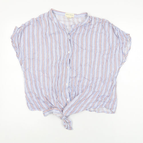 Madison & Monroe Womens Blue Striped Viscose Basic Button-Up Size L Round Neck
