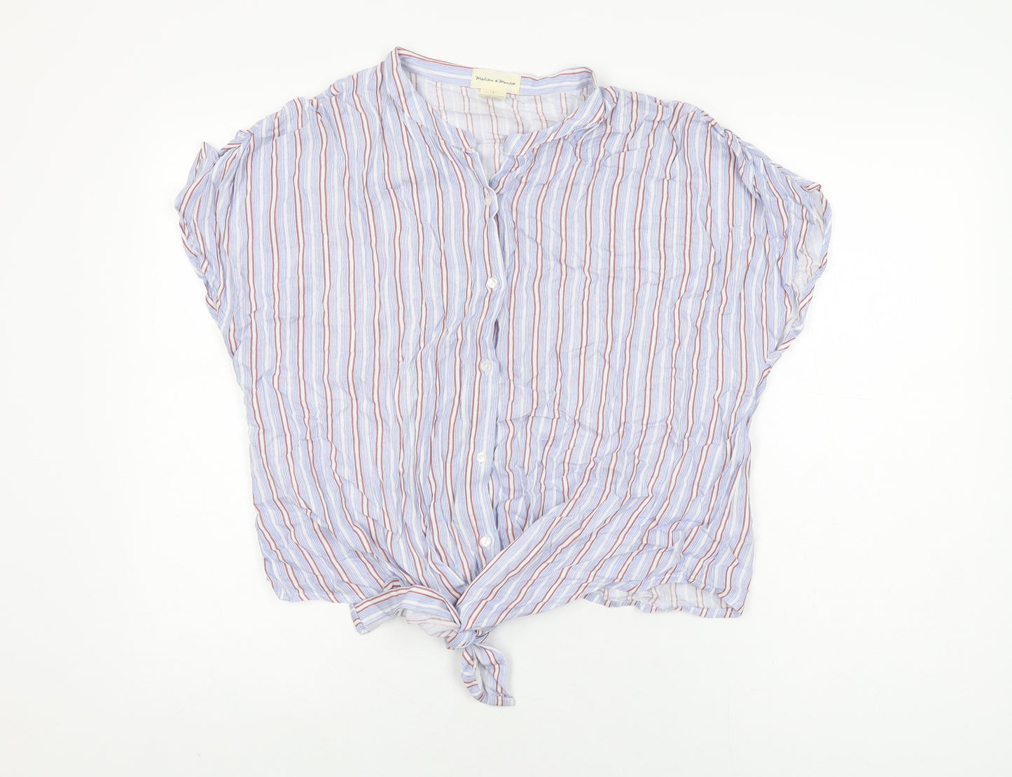 Madison & Monroe Womens Blue Striped Viscose Basic Button-Up Size L Round Neck
