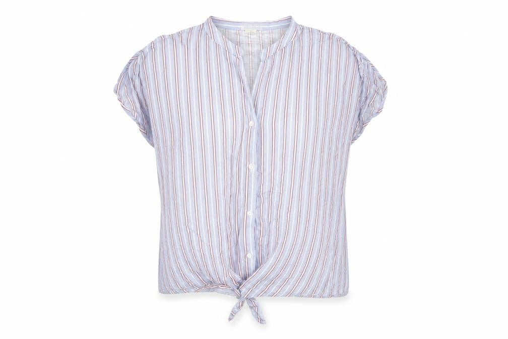 Front view of Madison & Monroe women’s blue striped viscose basic button-up, size L, round neck