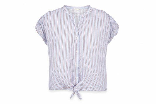 Front view of Madison & Monroe women’s blue striped viscose basic button-up, size L, round neck