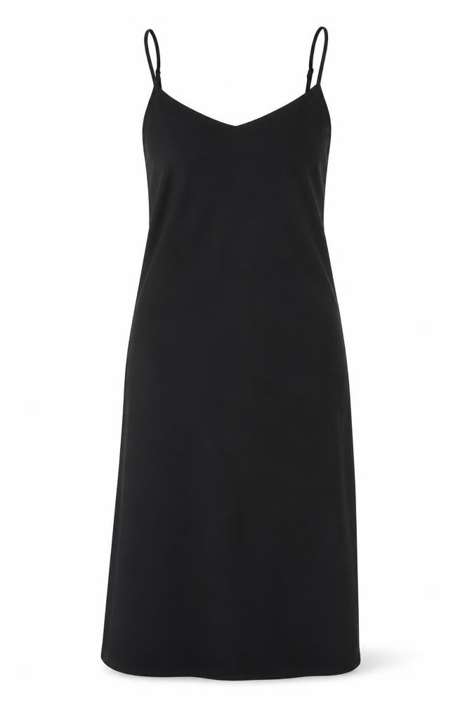 Front view of H&M women’s black polyester slip dress, size S, v-neck pullover