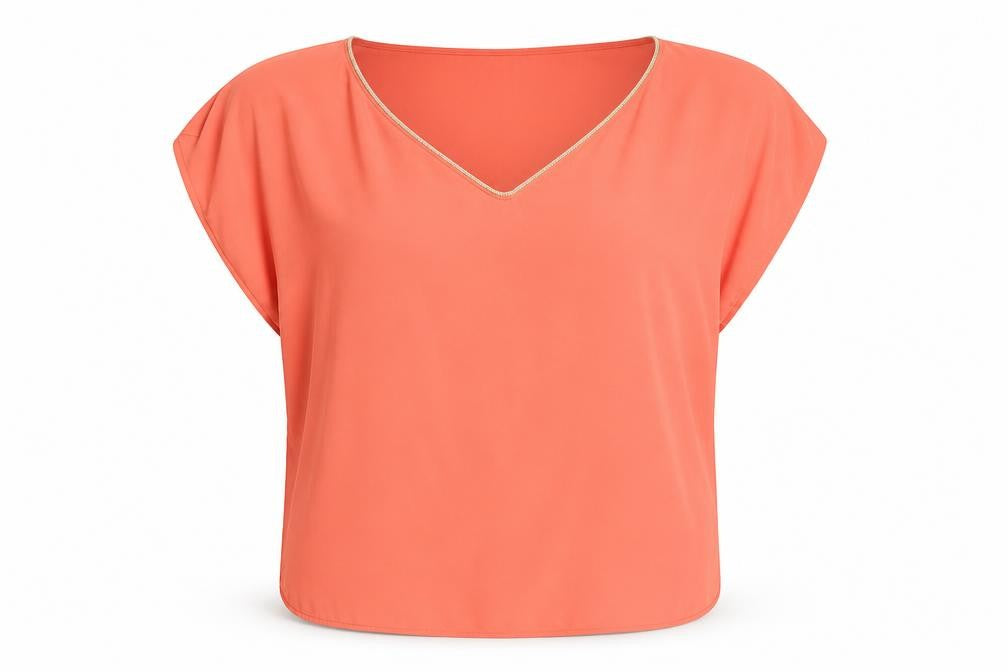 Front view of Oasis women’s orange polyester basic blouse, size UK 12, v-neck