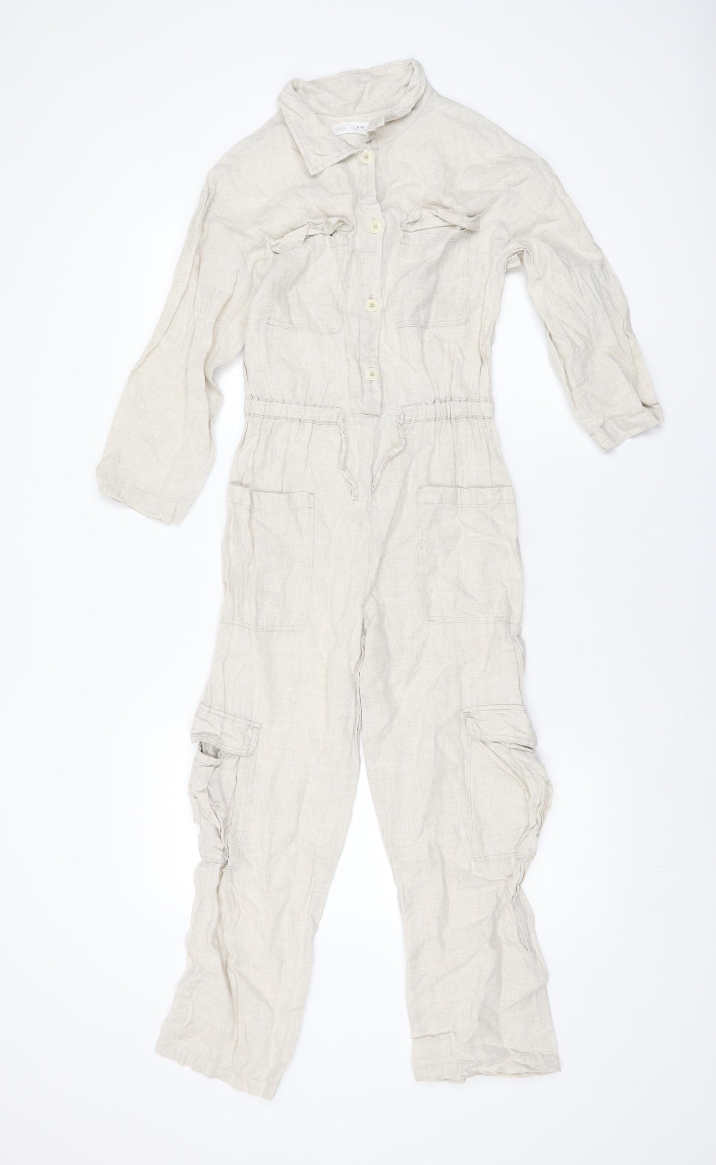 Zara Girls Beige Linen Jumpsuit One-Piece Size 11-12 Years L23 in Button