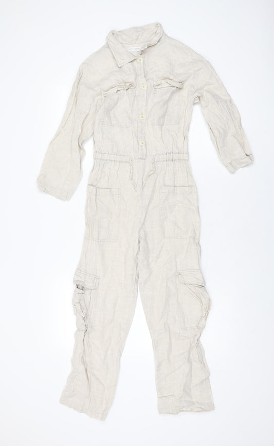Zara Girls Beige Linen Jumpsuit One-Piece Size 11-12 Years L23 in Button