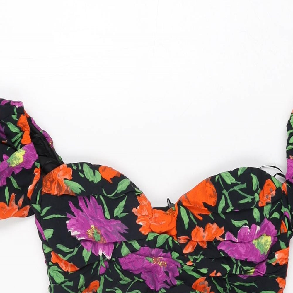 Zara Womens Black Floral Viscose Mini Size M Sweetheart Zip