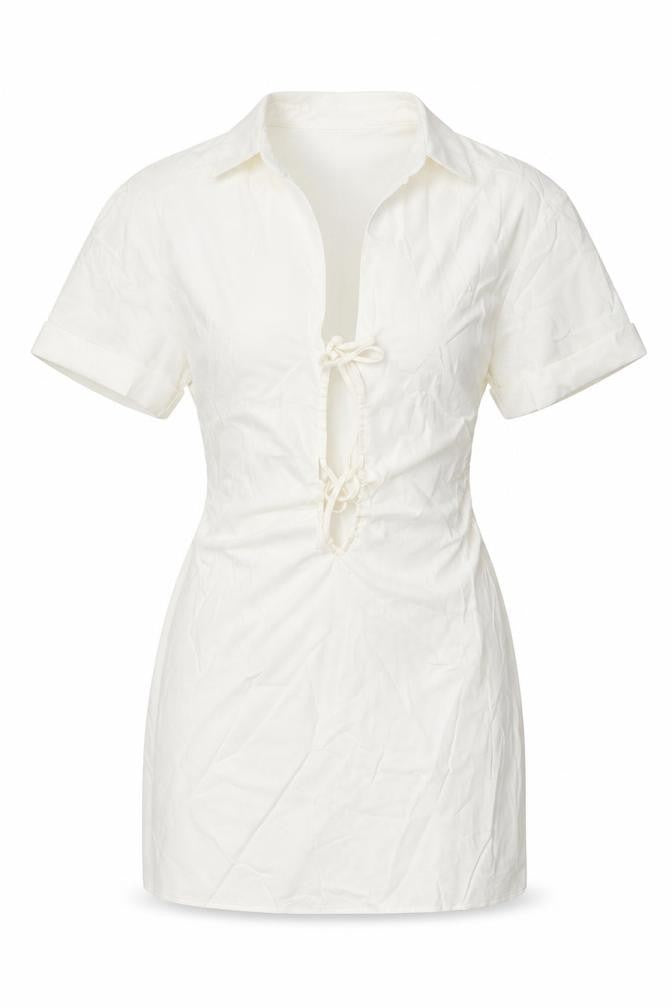Front view of Zara women’s white viscose mini, size S, collared tie