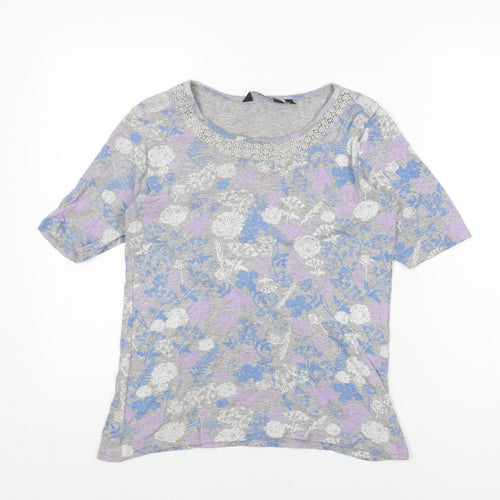 Isle Womens Grey Floral Cotton Basic T-Shirt Size S Round Neck