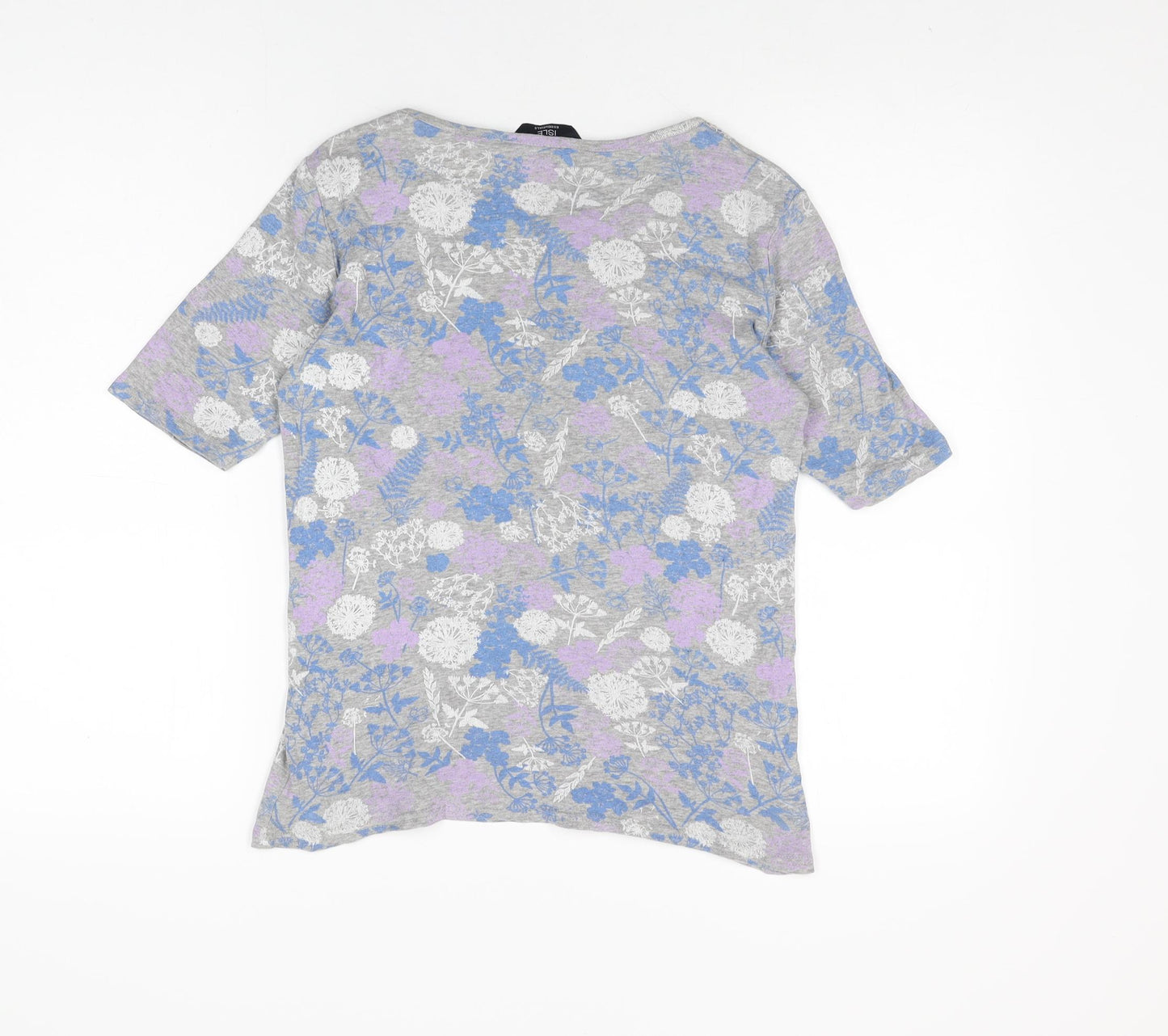 Isle Womens Grey Floral Cotton Basic T-Shirt Size S Round Neck