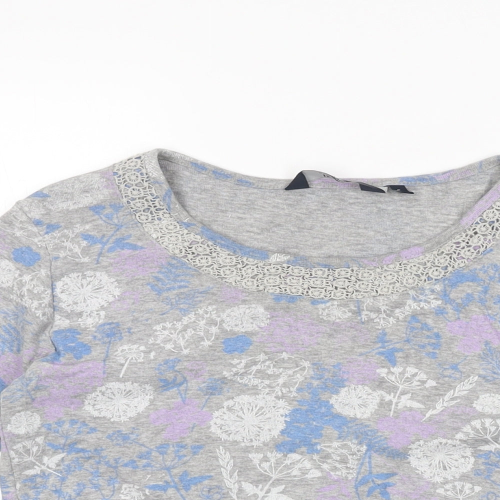 Isle Womens Grey Floral Cotton Basic T-Shirt Size S Round Neck
