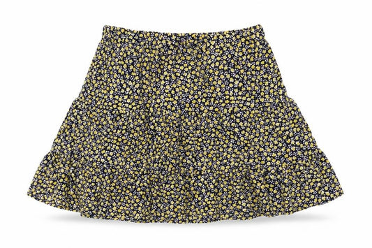 Front view of Pieces women’s blue floral polyester swing skirt, size M, drawstring