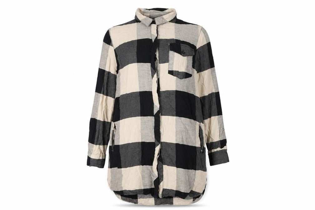 Front view of Topshop women’s beige geometric cotton basic button-up, size UK 8, collared