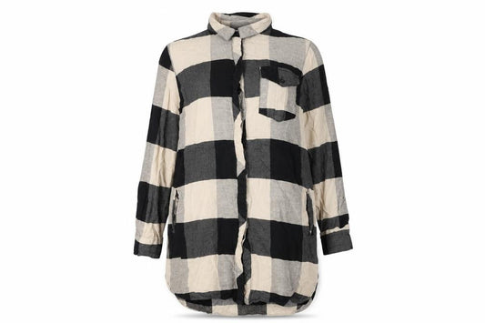 Front view of Topshop women’s beige geometric cotton basic button-up, size UK 8, collared