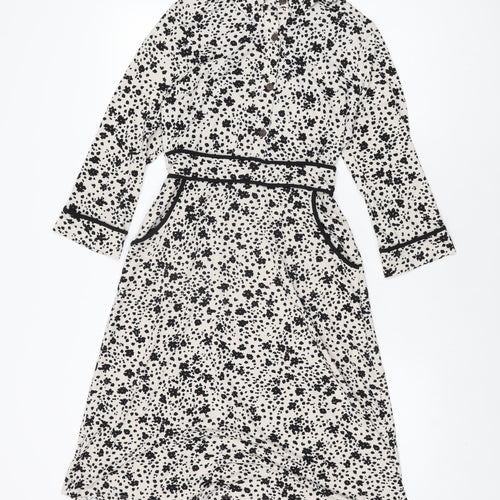 Monteau Womens White Floral Polyester A-Line Size M Collared Button
