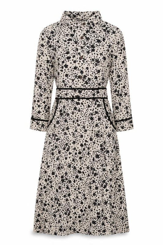 Front view of Monteau women’s white floral polyester a-line, size M, collared button