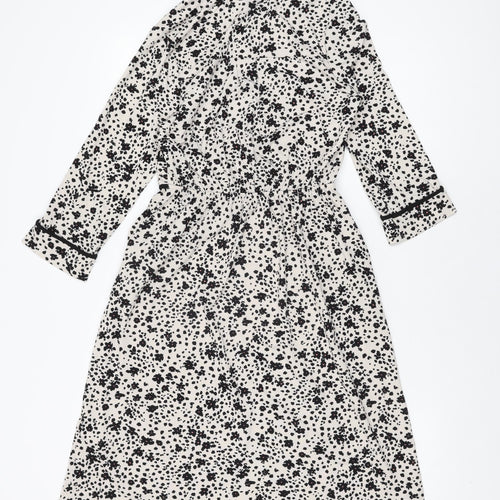Monteau Womens White Floral Polyester A-Line Size M Collared Button