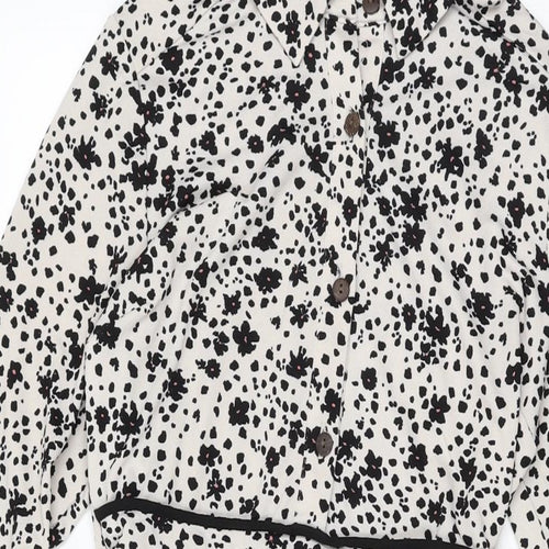 Monteau Womens White Floral Polyester A-Line Size M Collared Button