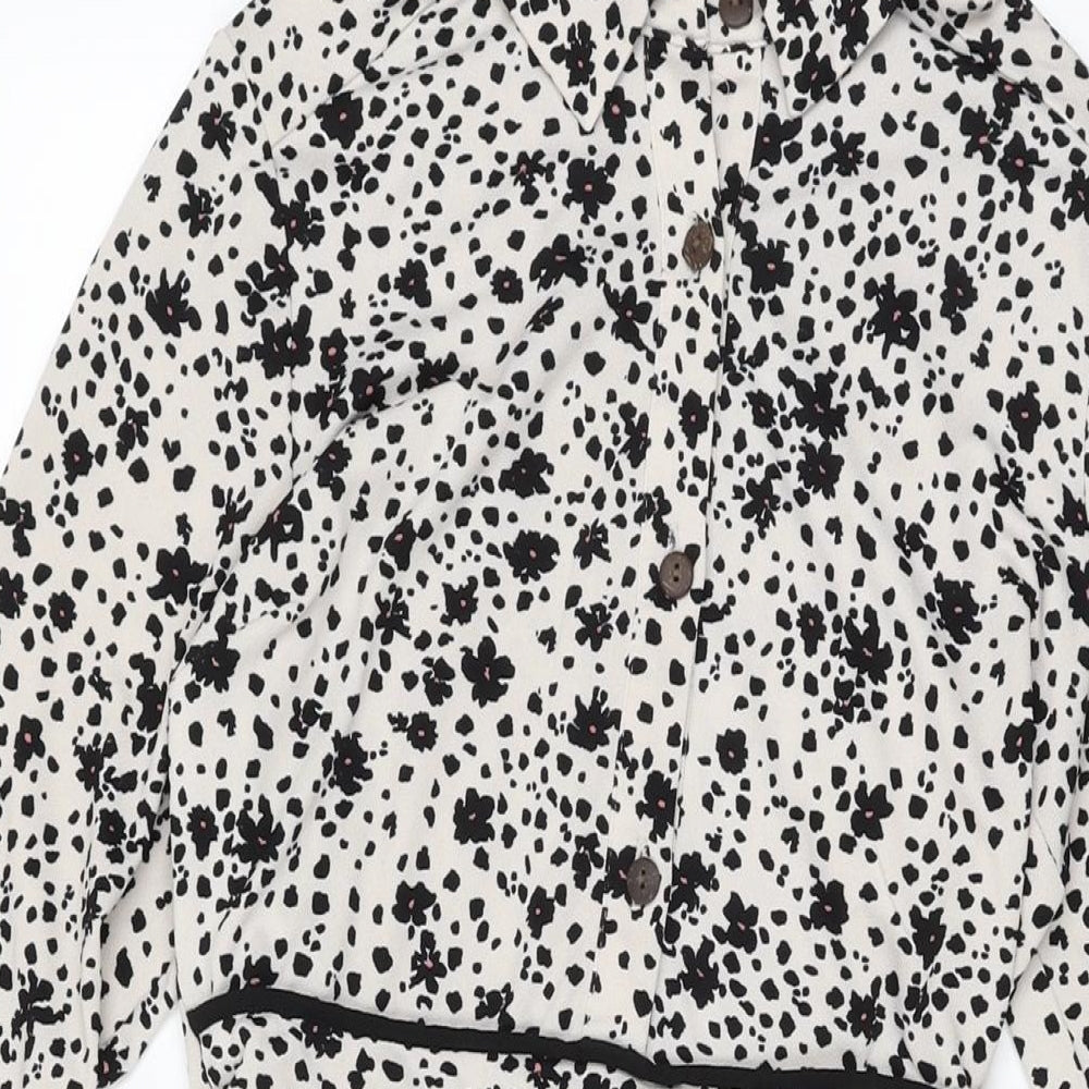 Monteau Womens White Floral Polyester A-Line Size M Collared Button