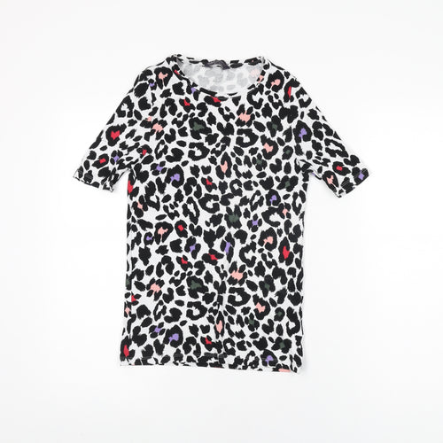 Marks and Spencer Womens White Animal Print Cotton Basic T-Shirt Size 8 Round Neck