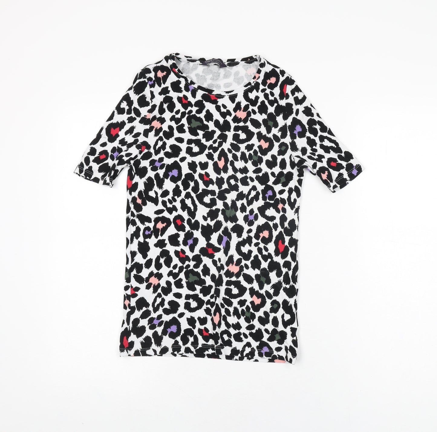 Marks and Spencer Womens White Animal Print Cotton Basic T-Shirt Size 8 Round Neck